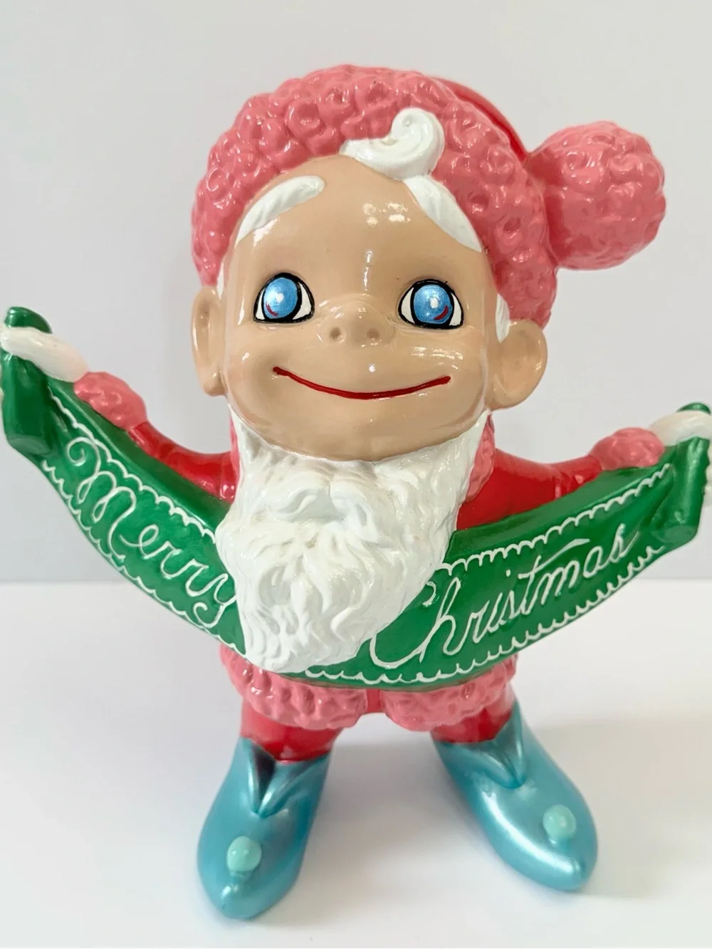 Vintage Atlantic Mold Santa Elf Merry Christmas Pink Turquoise Ceramic 11” Rare